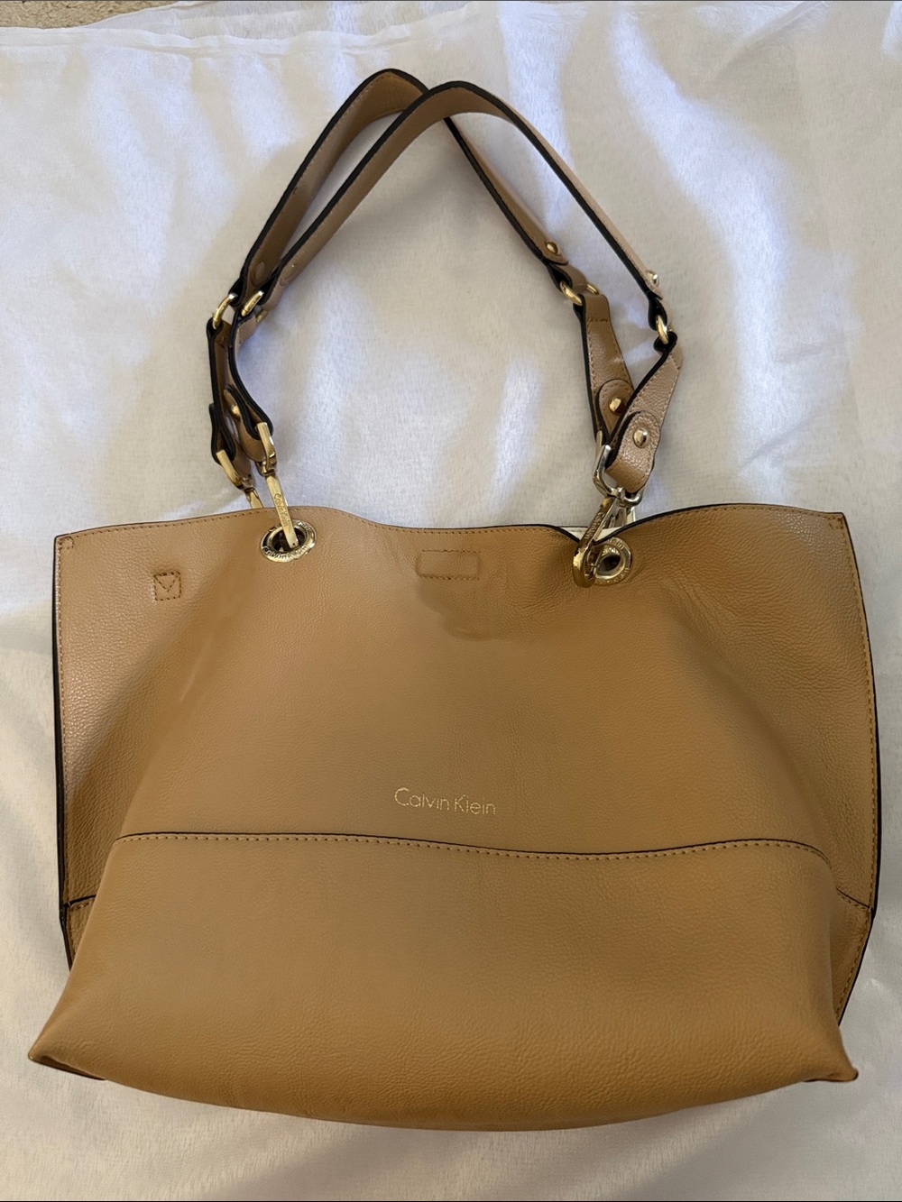 Calvin Klein Caramel Leather Tote with Gold Hardware